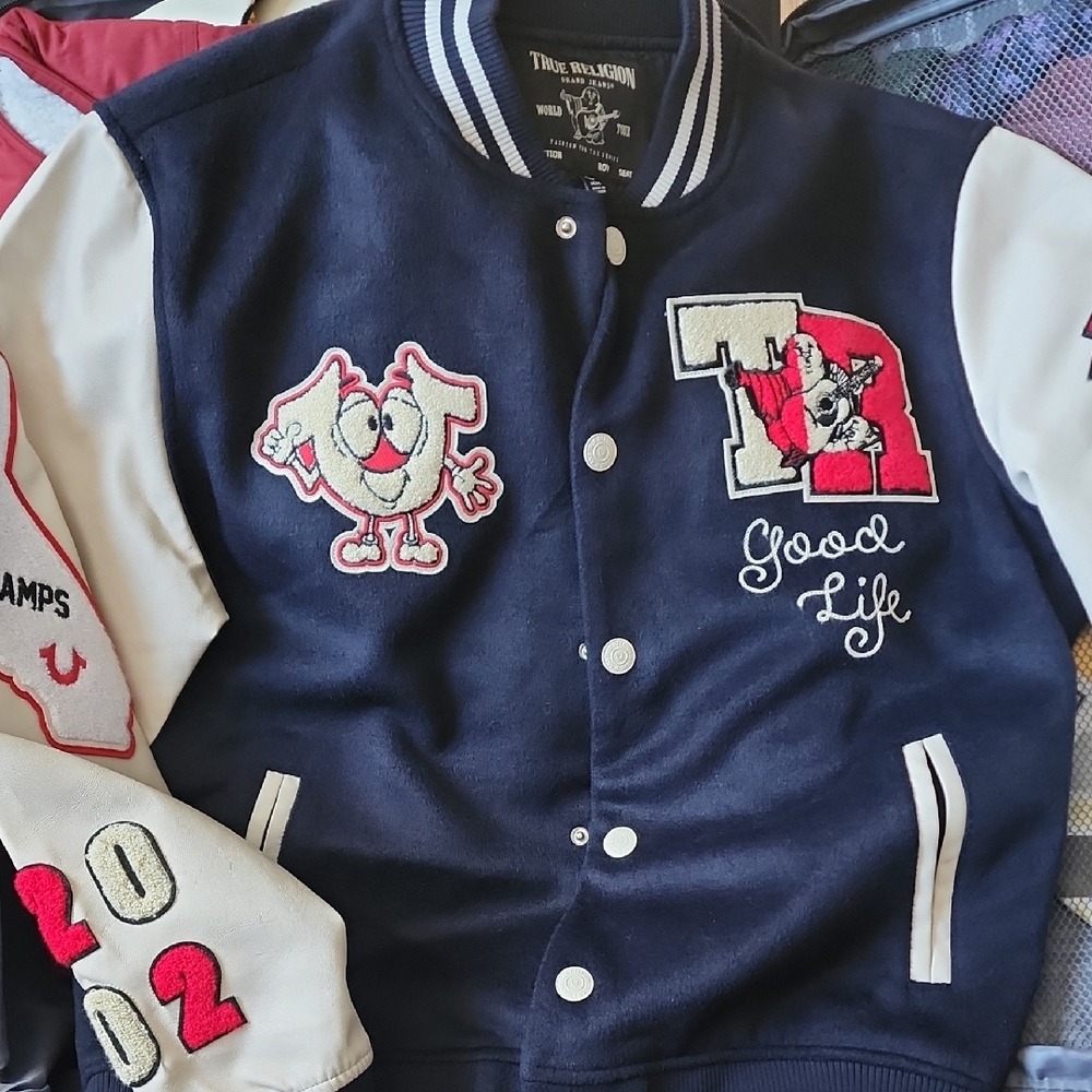 True Religion Navy and White Varsity Jacket
